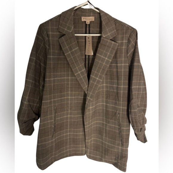 Philosophy Oversized Plaid Neutral Open Moto Jacket Ruffle Sleeve Size 1X - Picture 2 of 7
